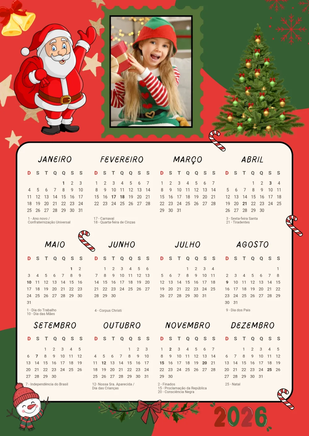 Calendário A4 Natalino — Pronto para Imprimir