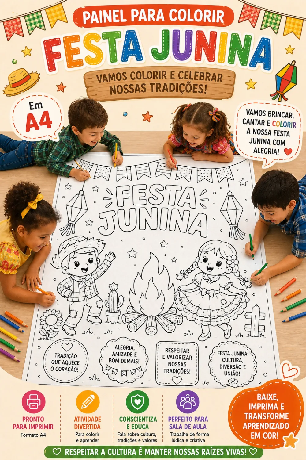 Painel Junino para Colorir — Pronto para Imprimir